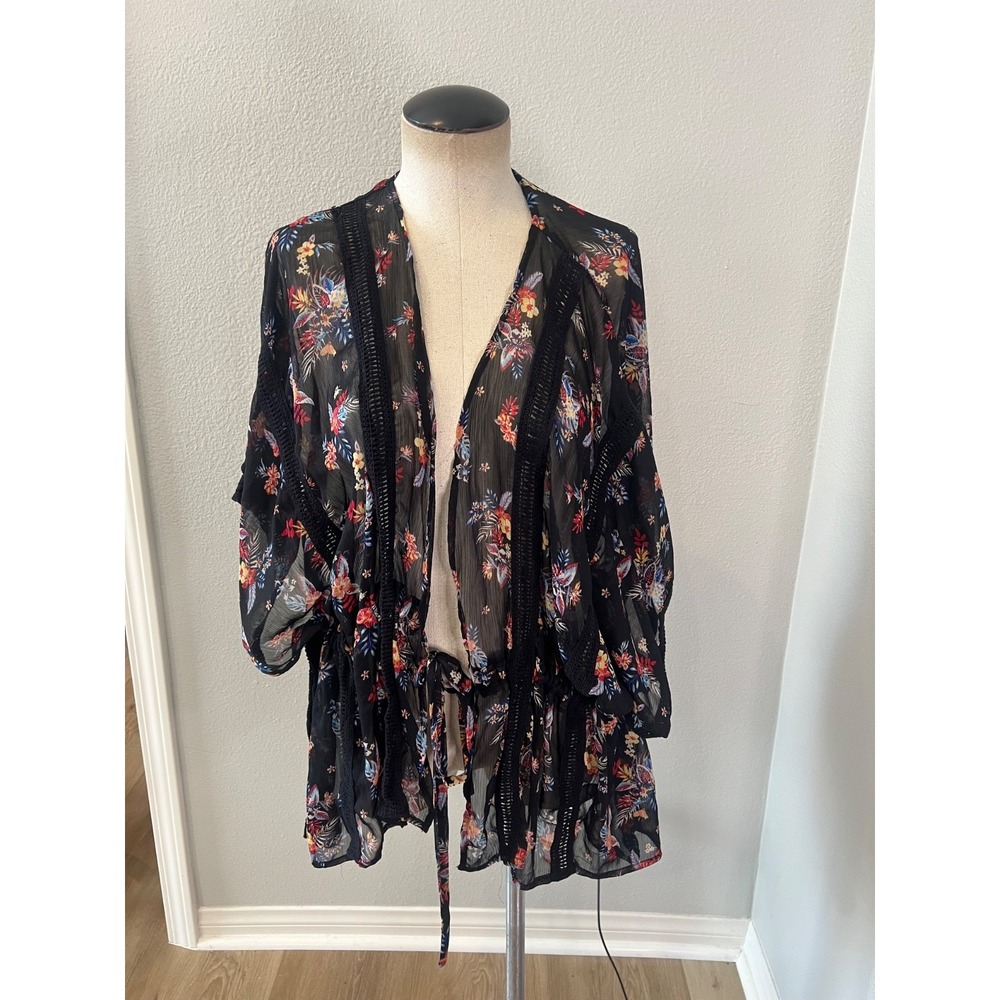 Self Esteem Floral Sheer Kimono Cardigan Black Tie Front Boho Cover Up M